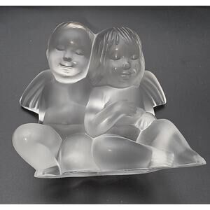 Lalique Twin Angels CHERUBS Boy & Girl Wings Opalescent France Signed Figurine